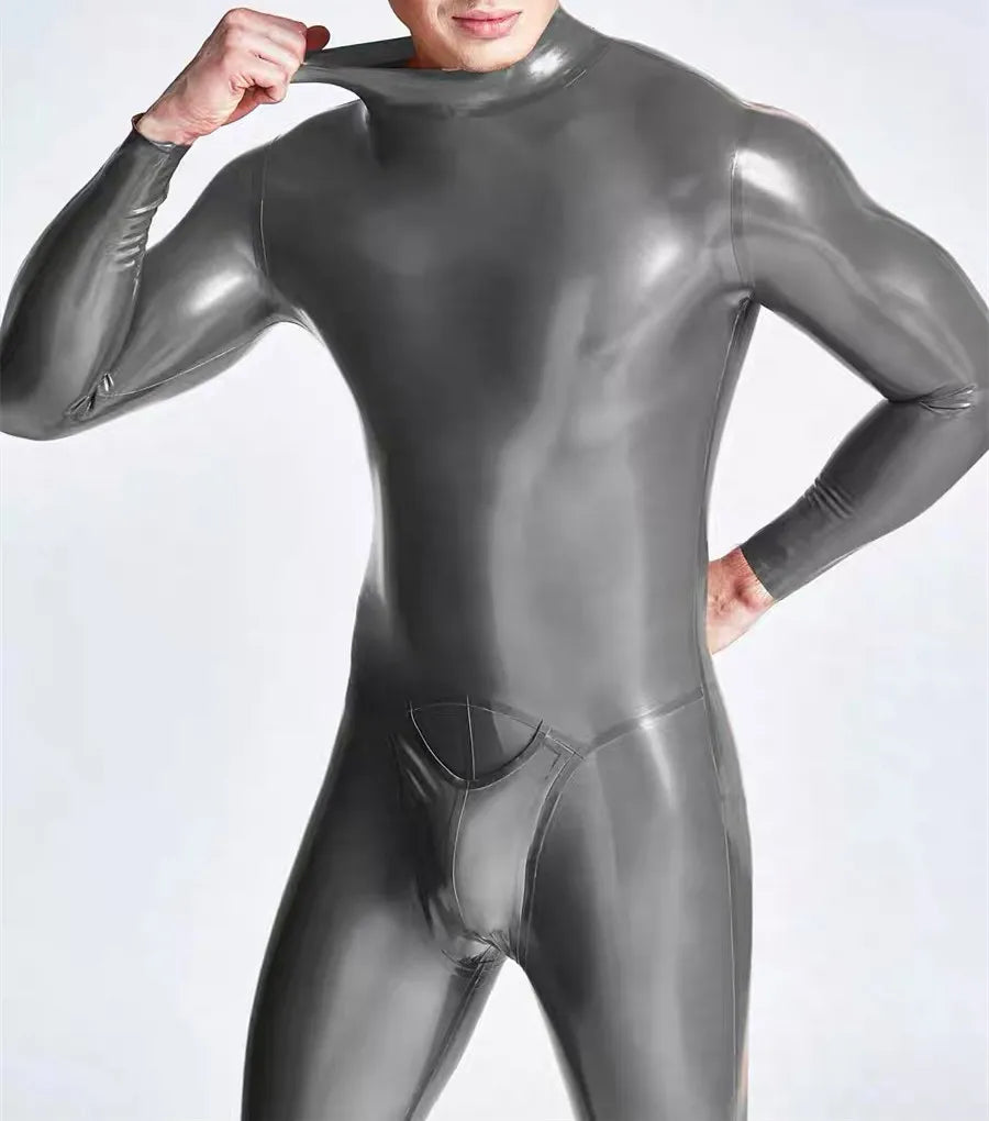 Herren Latex Catsuit mit Halseinstieg & 3D-Pouch – silberner Gummi Bodysuit