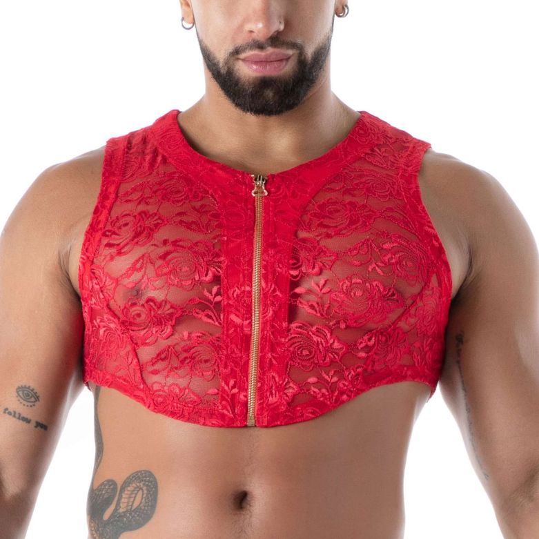 Fluid Lace Zipped Crop Top Red - noodosz - TOF Paris -