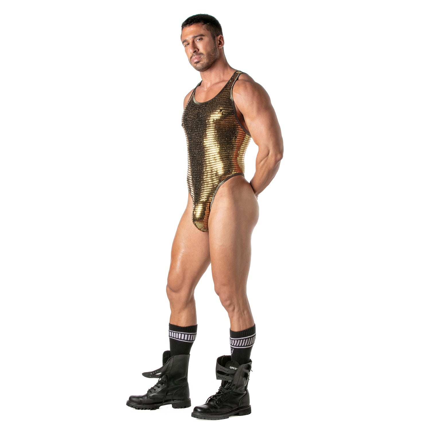 Glitzer - Body - String in Gold – provokant, maskuline Ästhetik · Pariser Handwerkskunst (Fetish Wear / Clubwear / Designer Underwear) für ihn - TOF Paris - Shop Deutschland Noodosz