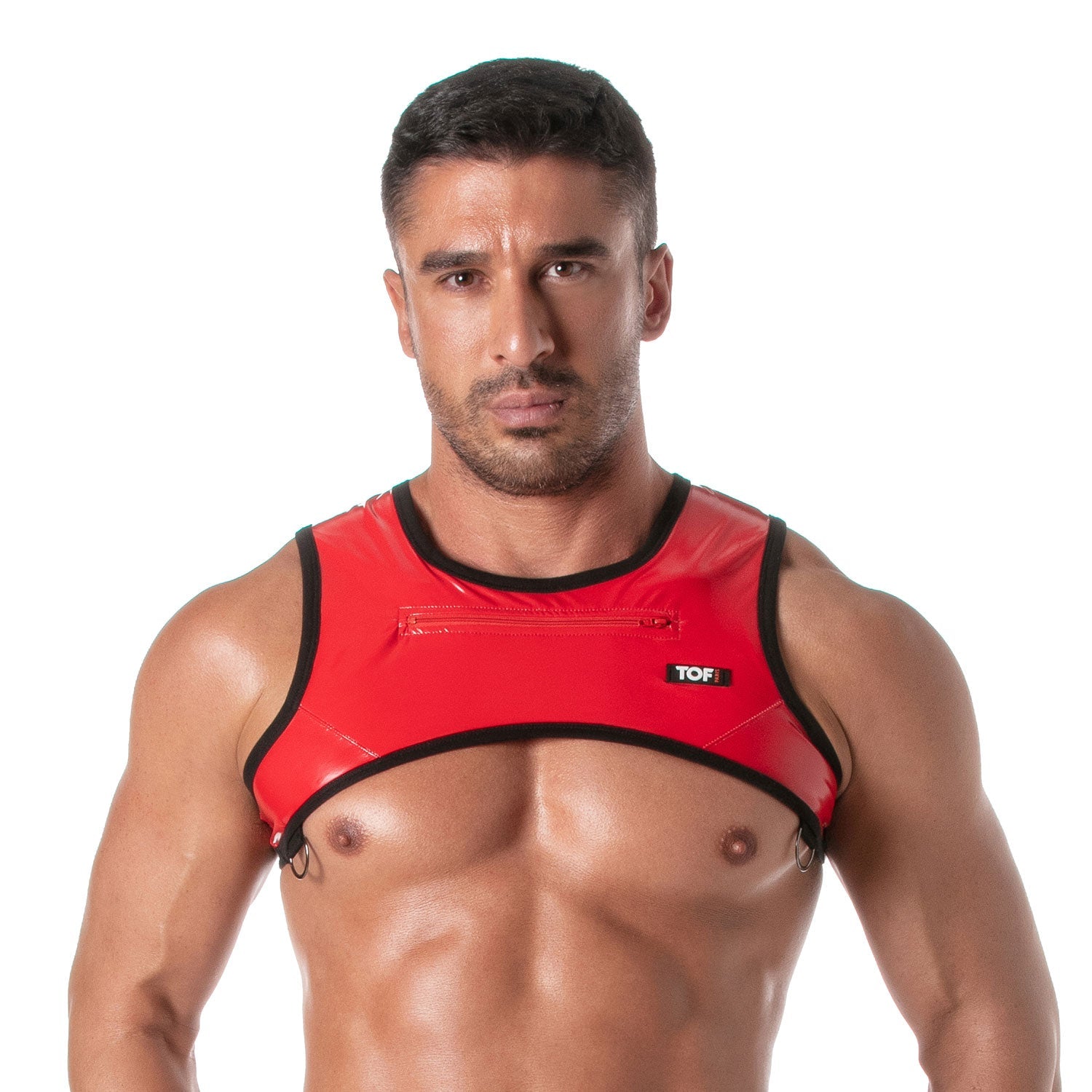 Vinyl - Harness mit Front - Reißverschluss – Rot - TOF Paris - Shop Deutschland Noodosz