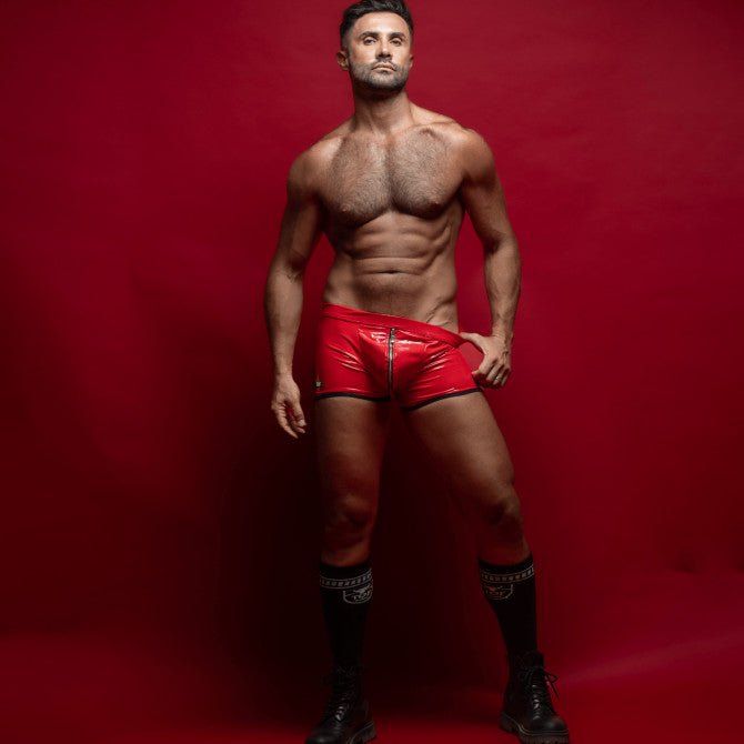 Vinyl - Boxer mit Push - Up - Effekt und Reißverschluss — Rot - TOF Paris - Shop Deutschland Noodosz