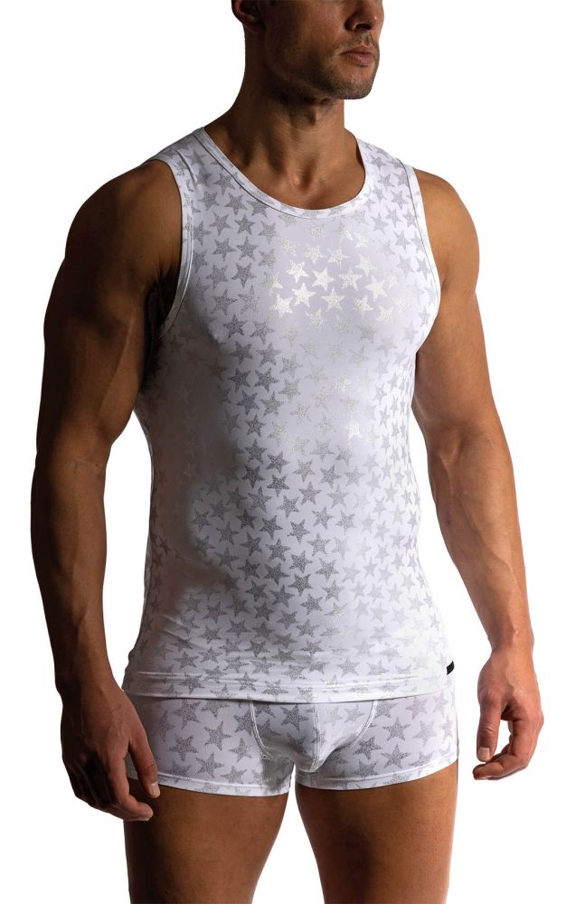 Tank Top M2421 – Herren-Tanktop Weiß/Silber mit Sterne-Foliendruck - MANSTORE - Shop Deutschland Noodosz