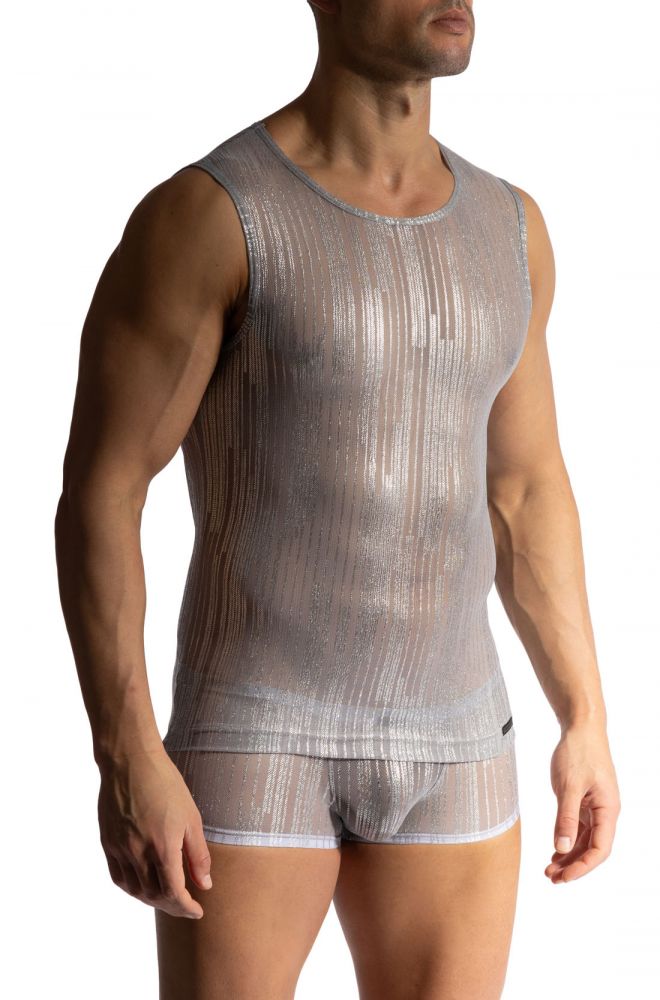 Tank Top M2464 – transparentes Herren-Tanktop aus Tüll mit Silber-Glitzerstreifen - MANSTORE - Shop Deutschland Noodosz