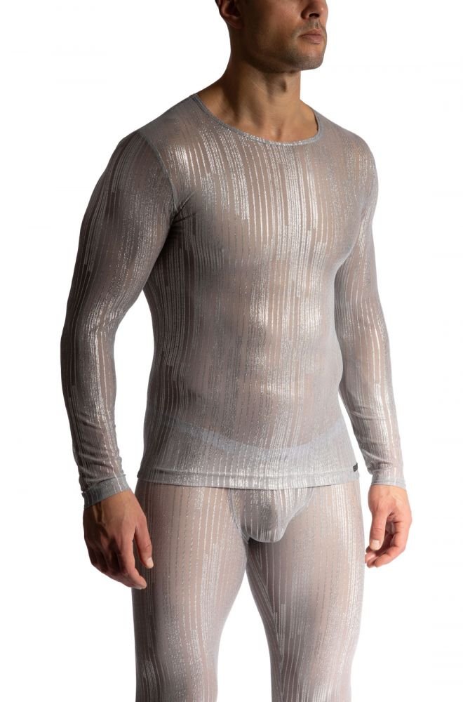 Long Sleeves M2464 – transparentes Langarmshirt aus Tüll mit Silber-Glitzerstreifen - MANSTORE - Shop Deutschland Noodosz