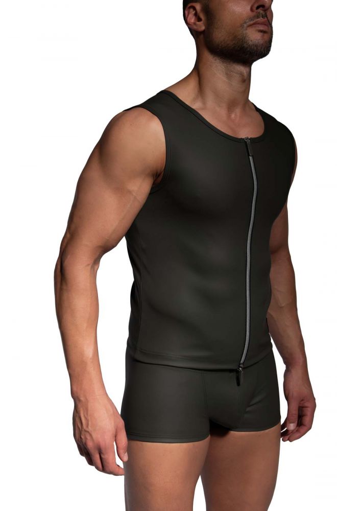 Zipped Vest M2486 – ärmelloses Herren-Top Olive in Lederoptik mit Reißverschluss - MANSTORE - Shop Deutschland Noodosz