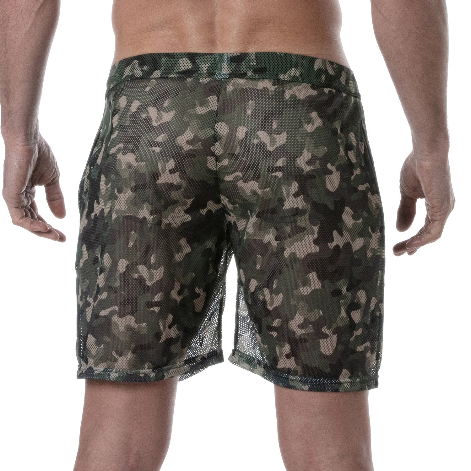 See Through Mens Long Shorts Camo Khaki