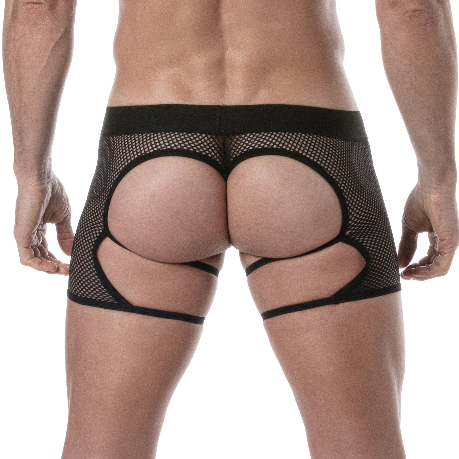 Circuit Chaps aus transparentem Mesh – Tanga, Schwarz