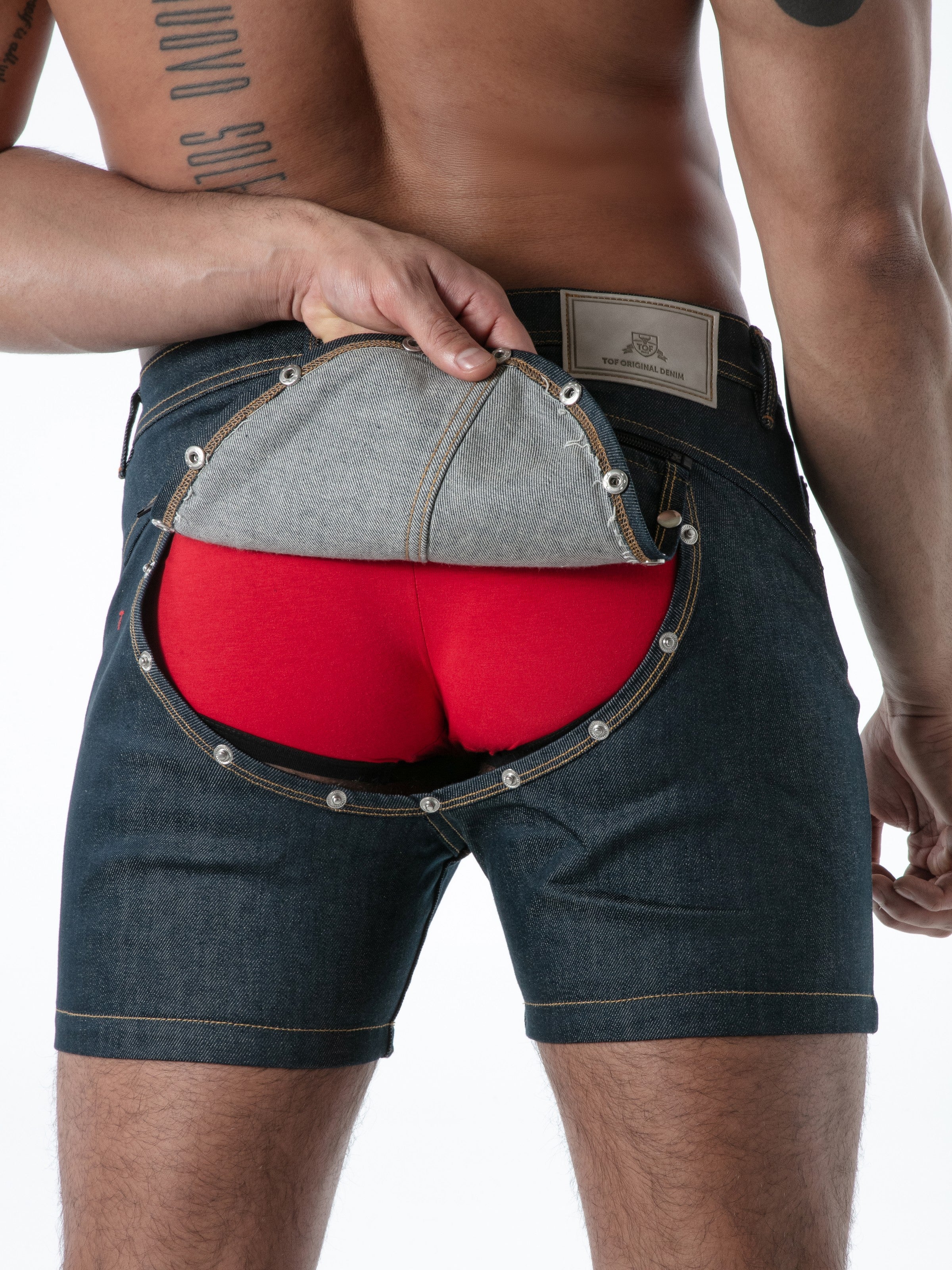 Raw Denim Backless Shorts, kurze Jeanshose