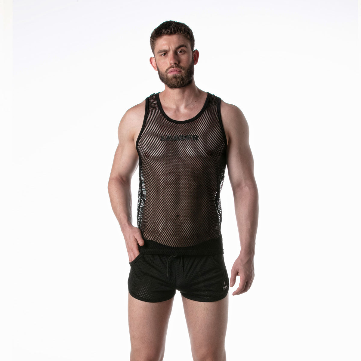 Schwarzes Mesh-Tanktop mit schwarzen Details – 2
