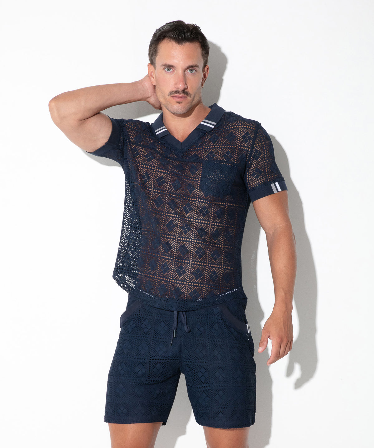 Spitzen-Poloshirt mit Grafikmuster 9847 – Navy