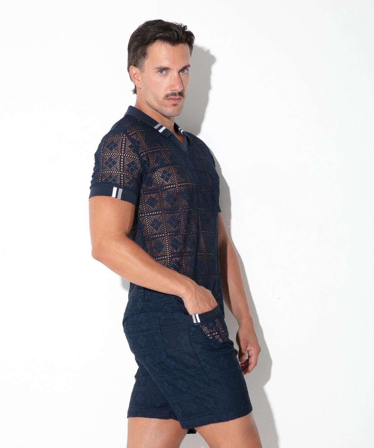 Spitzen-Poloshirt mit Grafikmuster 9847 – Navy