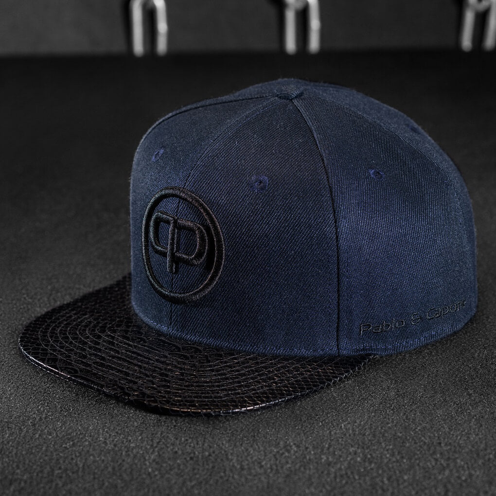 Snapback Cap - Navy Blue & Black Leather