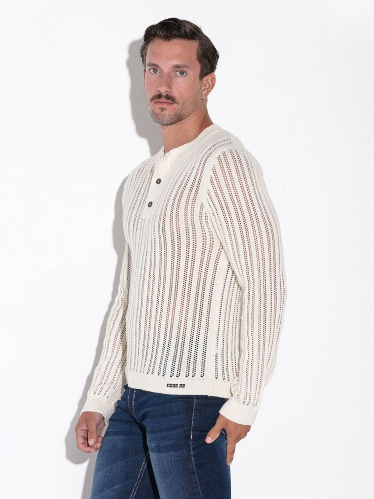 CODE 22 KNITTED HENLEY - 7005 Strick Langarm T-Shirt White - Code 22 - Shop Deutschland Noodosz