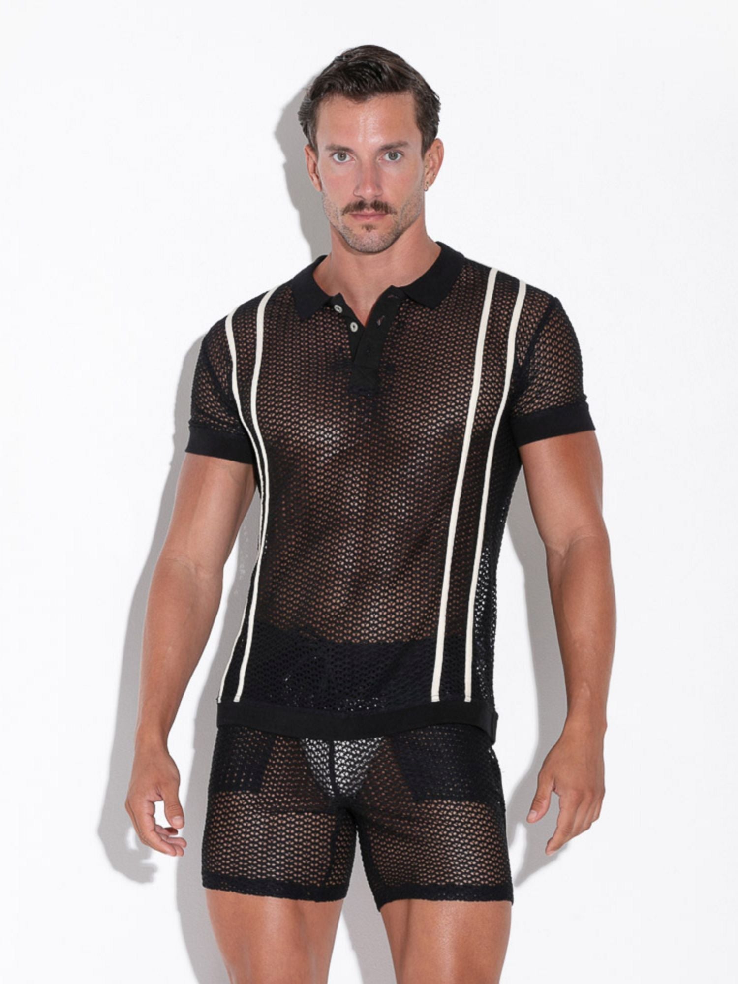 CODE 22 Openwork Jacquard Polo - 9735 Fishnet Polohemd Black - Code 22 - Shop Deutschland Noodosz