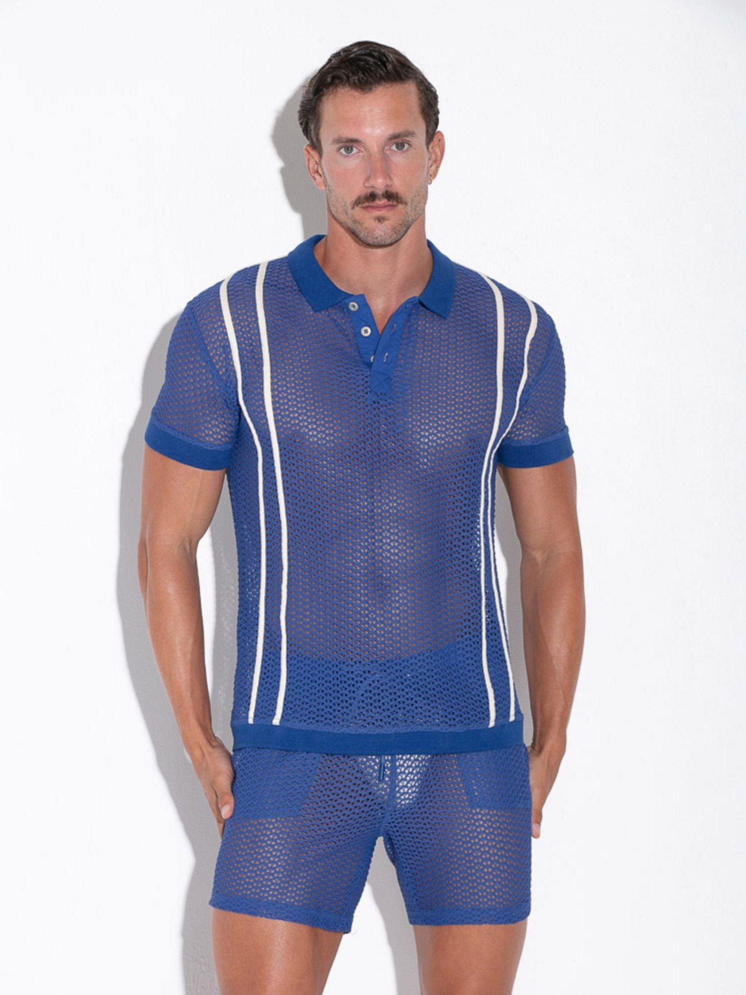 CODE 22 Openwork Jacquard Polo - 9735 Fishnet Polohemd Steel Blue - Code 22 - Shop Deutschland Noodosz