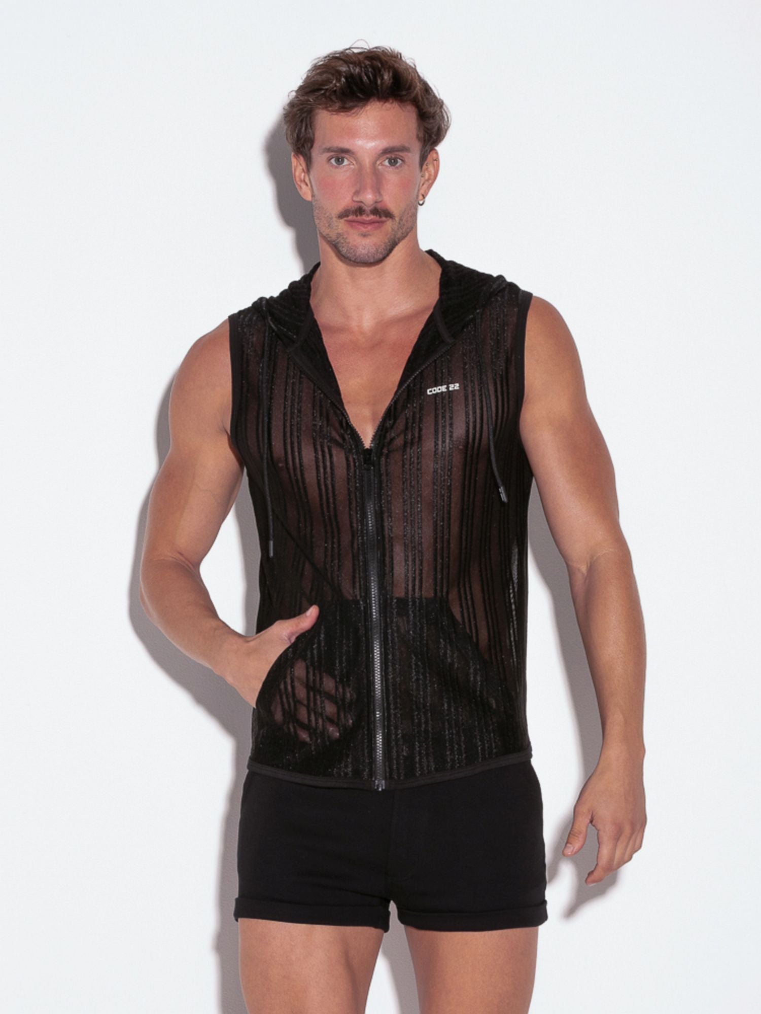 CODE 22 SHEER STRIPE SLEEVESS HOODY 9630, ärmelloses Kapuzenshirt - Code 22 - Shop Deutschland Noodosz