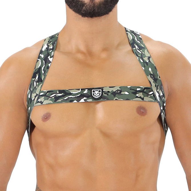 Fetish elastischer Harness – Khaki - Camouflage - TOF Paris - Shop Deutschland Noodosz