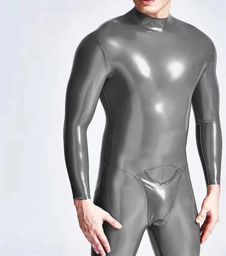 Herren Latex Catsuit mit Halseinstieg & 3D - Pouch – silberner Gummi Bodysuit - noodosz - FlowNight - 