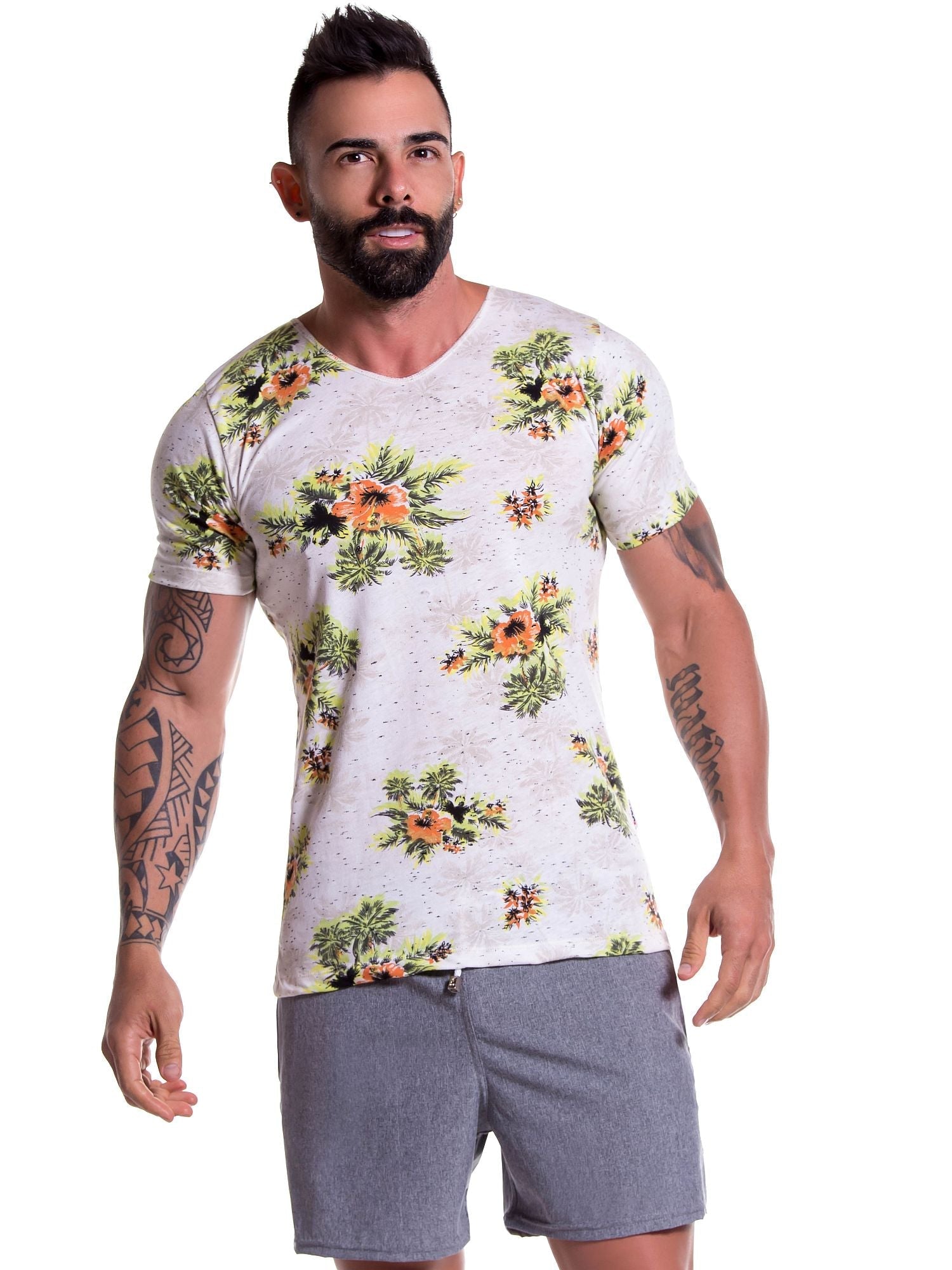 JOR 0783 HAWAII T-Shirt bedruckt Kurzarm Shirt mit Motiv Surferstyle Blumen - Jor - Shop Deutschland Noodosz