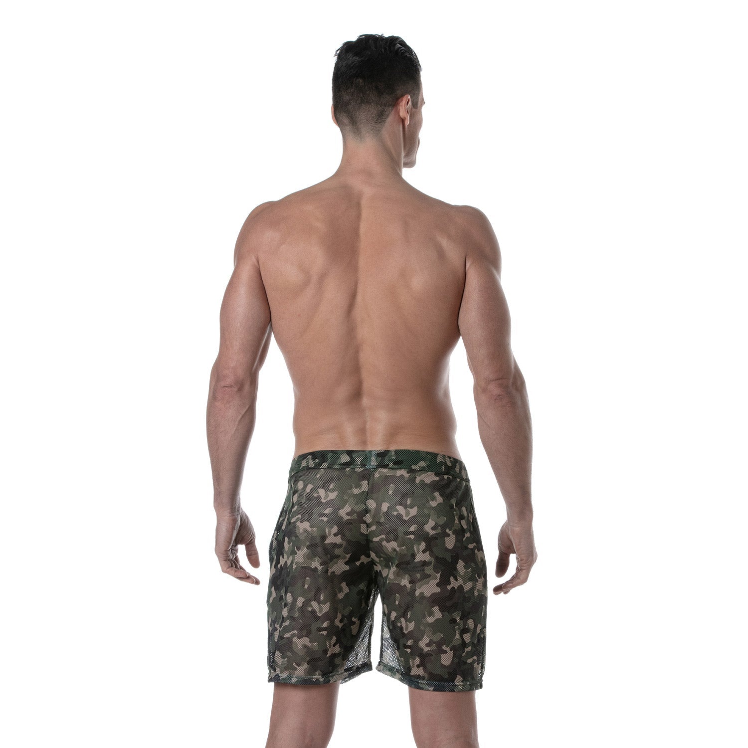 Kurze Fetish Sporthose für Herren in Camo‑Khaki - TOF Paris - Shop Deutschland Noodosz