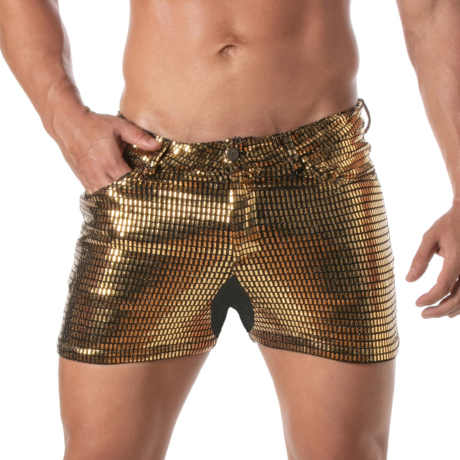 Provokante Glitzer - Shorts mit 5 Taschen, oberschenkellang – Gold - TOF Paris - Shop Deutschland Noodosz