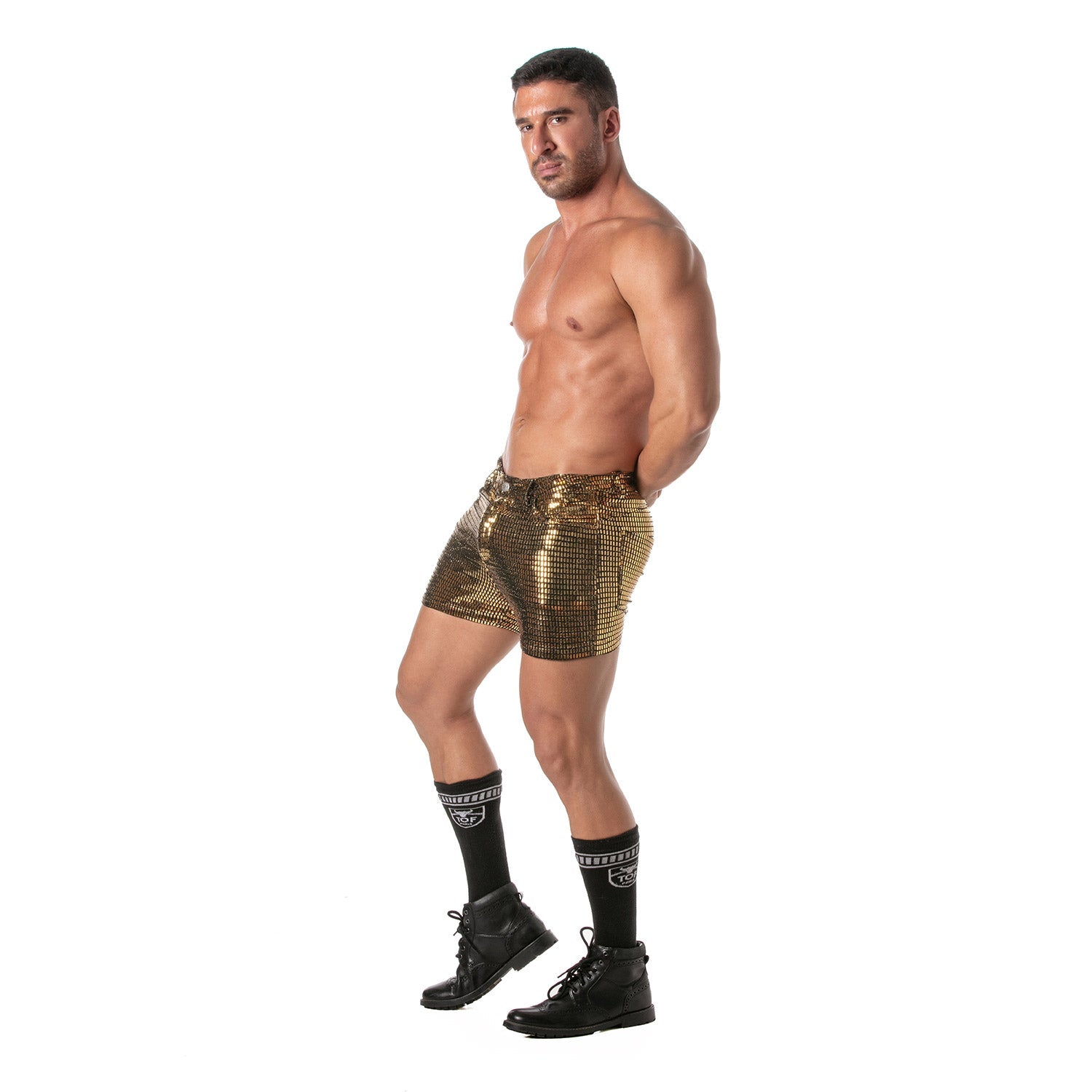Provokante Glitzer - Shorts mit 5 Taschen, oberschenkellang – Gold - TOF Paris - Shop Deutschland Noodosz