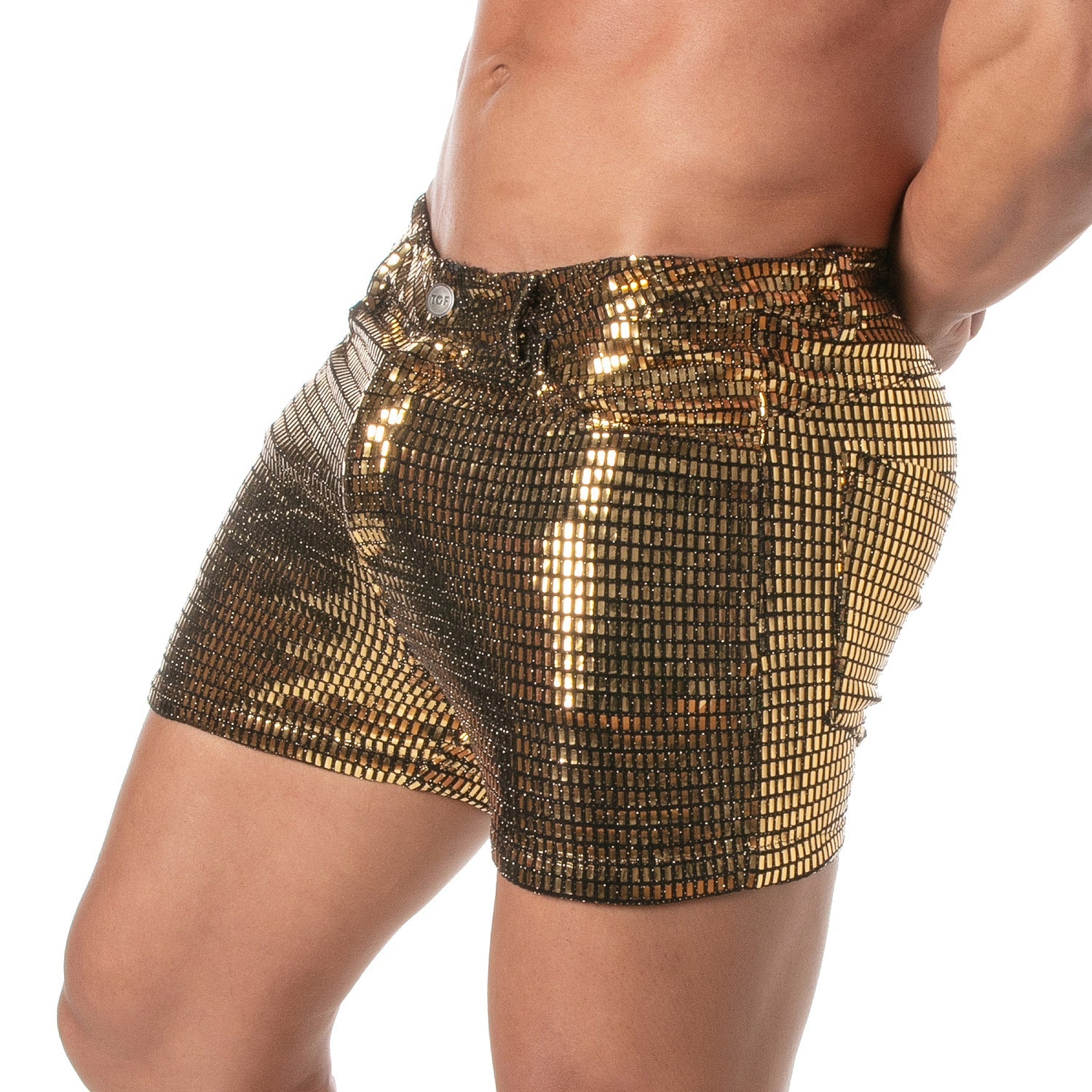 Provokante Glitzer - Shorts mit 5 Taschen, oberschenkellang – Gold - TOF Paris - Shop Deutschland Noodosz