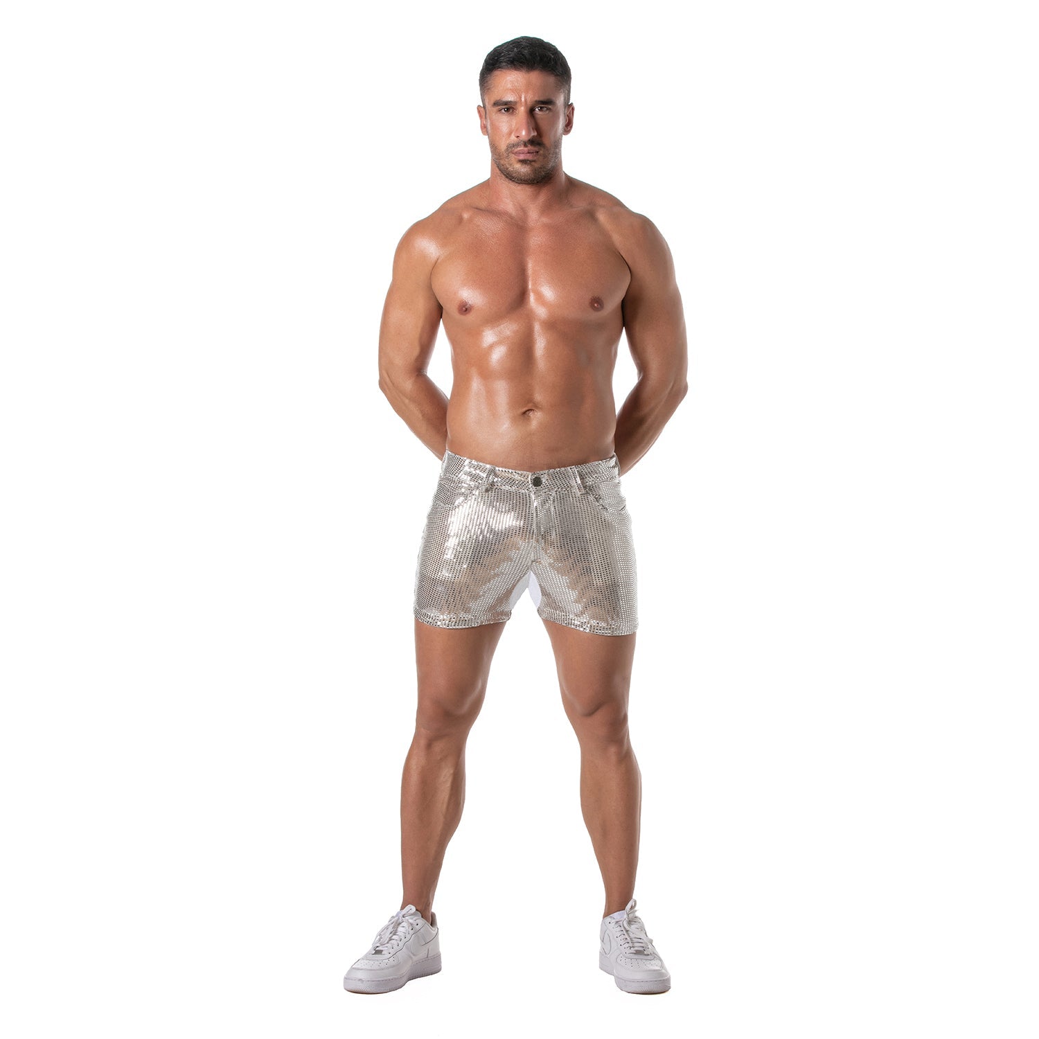 Provokante Glitzer - Shorts mit 5 Taschen – oberschenkellang, Silber - TOF Paris - Shop Deutschland Noodosz