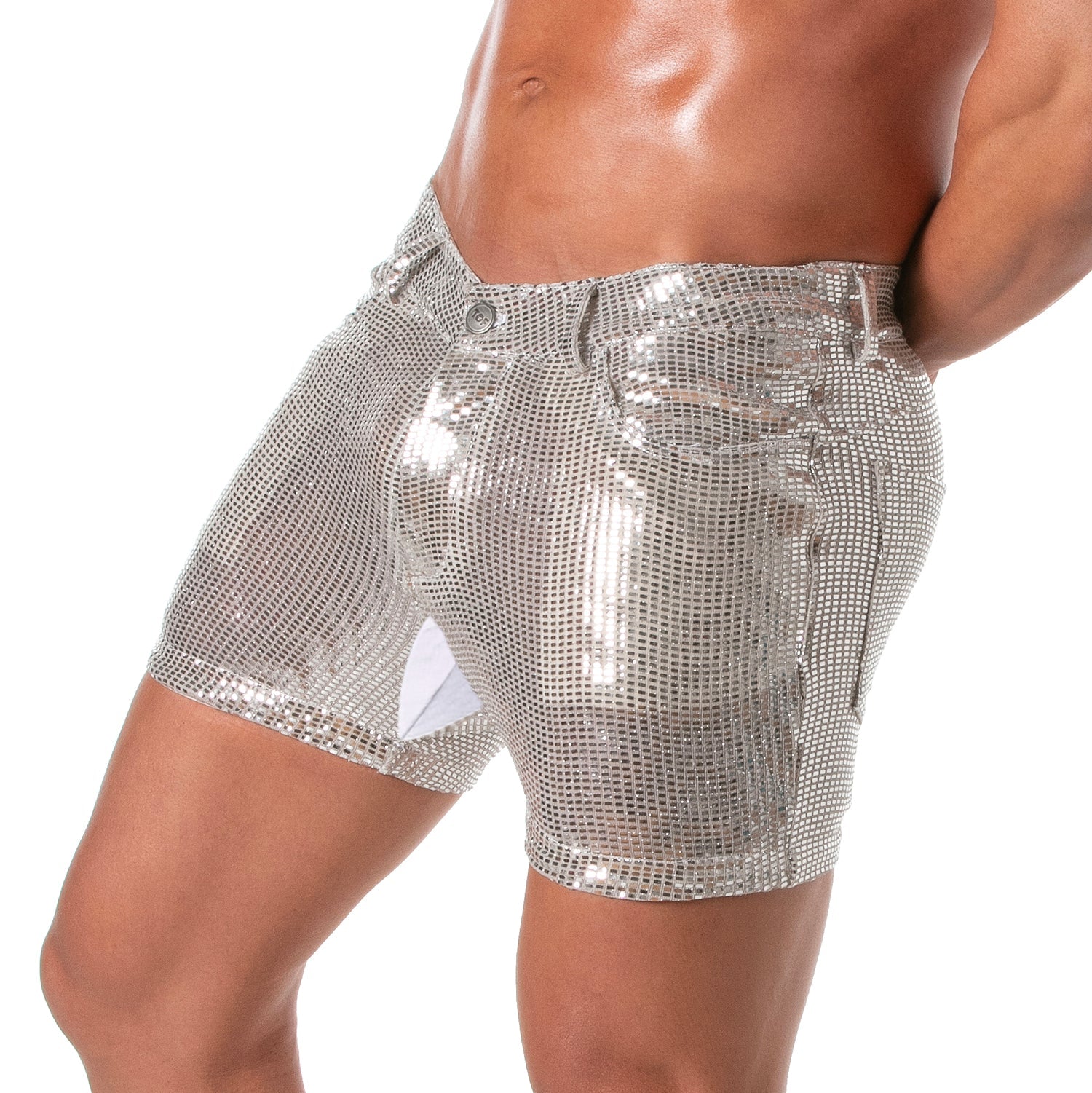 Provokante Glitzer - Shorts mit 5 Taschen – oberschenkellang, Silber - TOF Paris - Shop Deutschland Noodosz