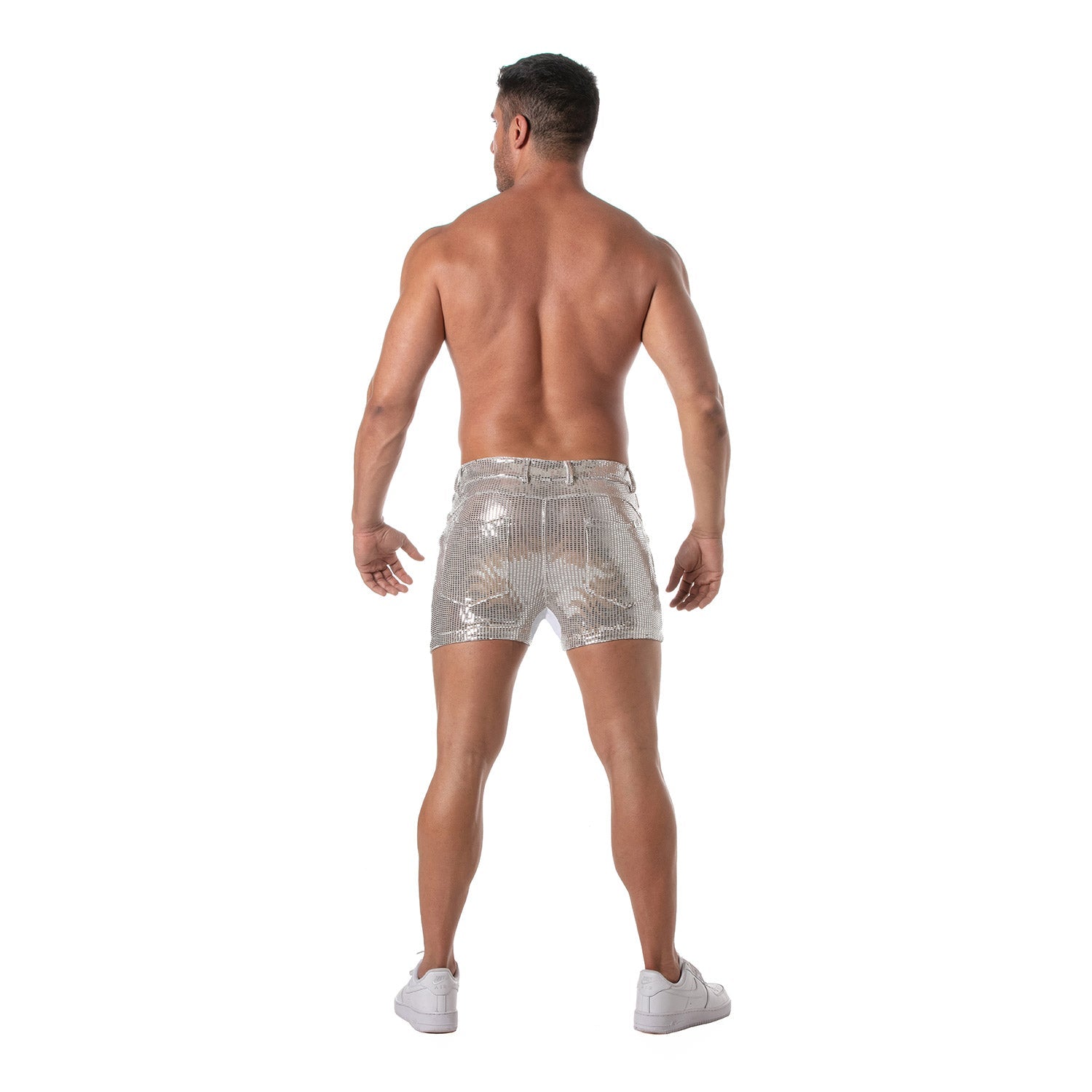 Provokante Glitzer - Shorts mit 5 Taschen – oberschenkellang, Silber - TOF Paris - Shop Deutschland Noodosz