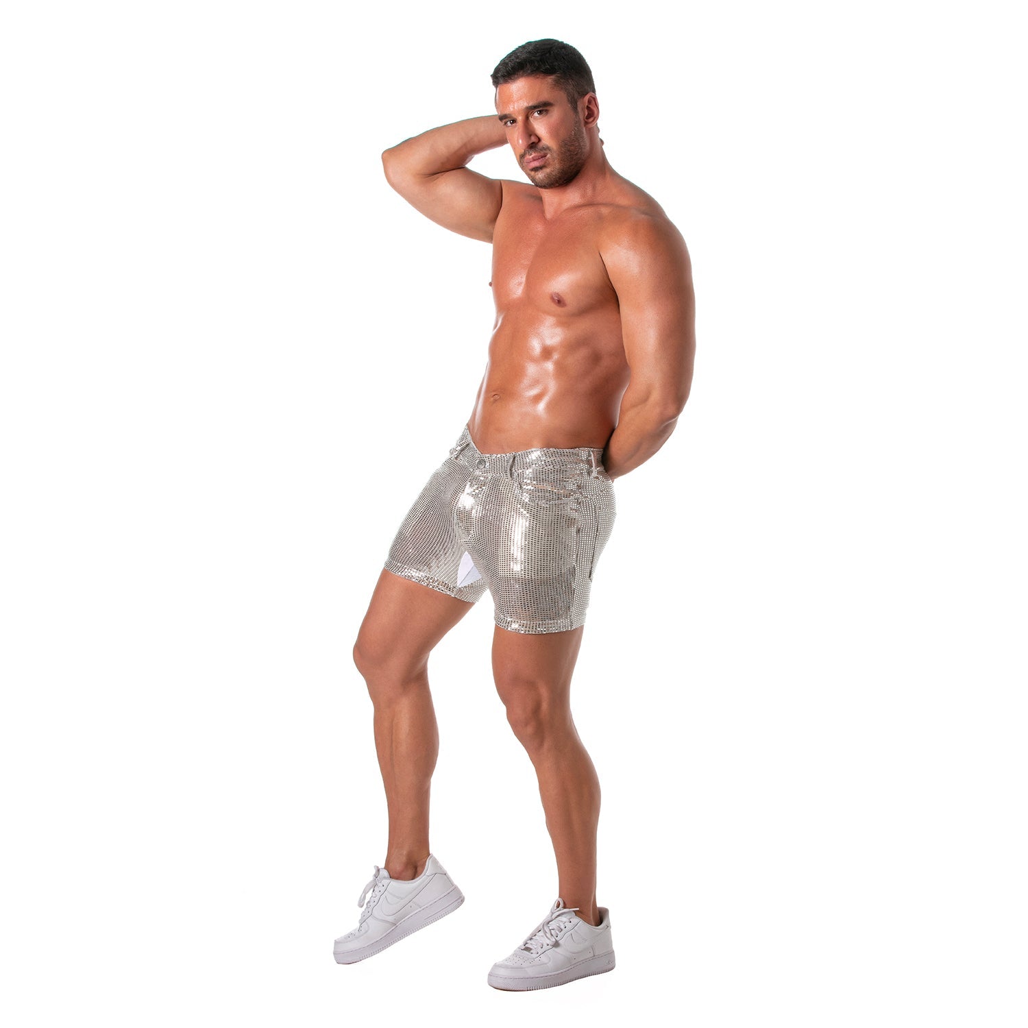 Provokante Glitzer - Shorts mit 5 Taschen – oberschenkellang, Silber - TOF Paris - Shop Deutschland Noodosz