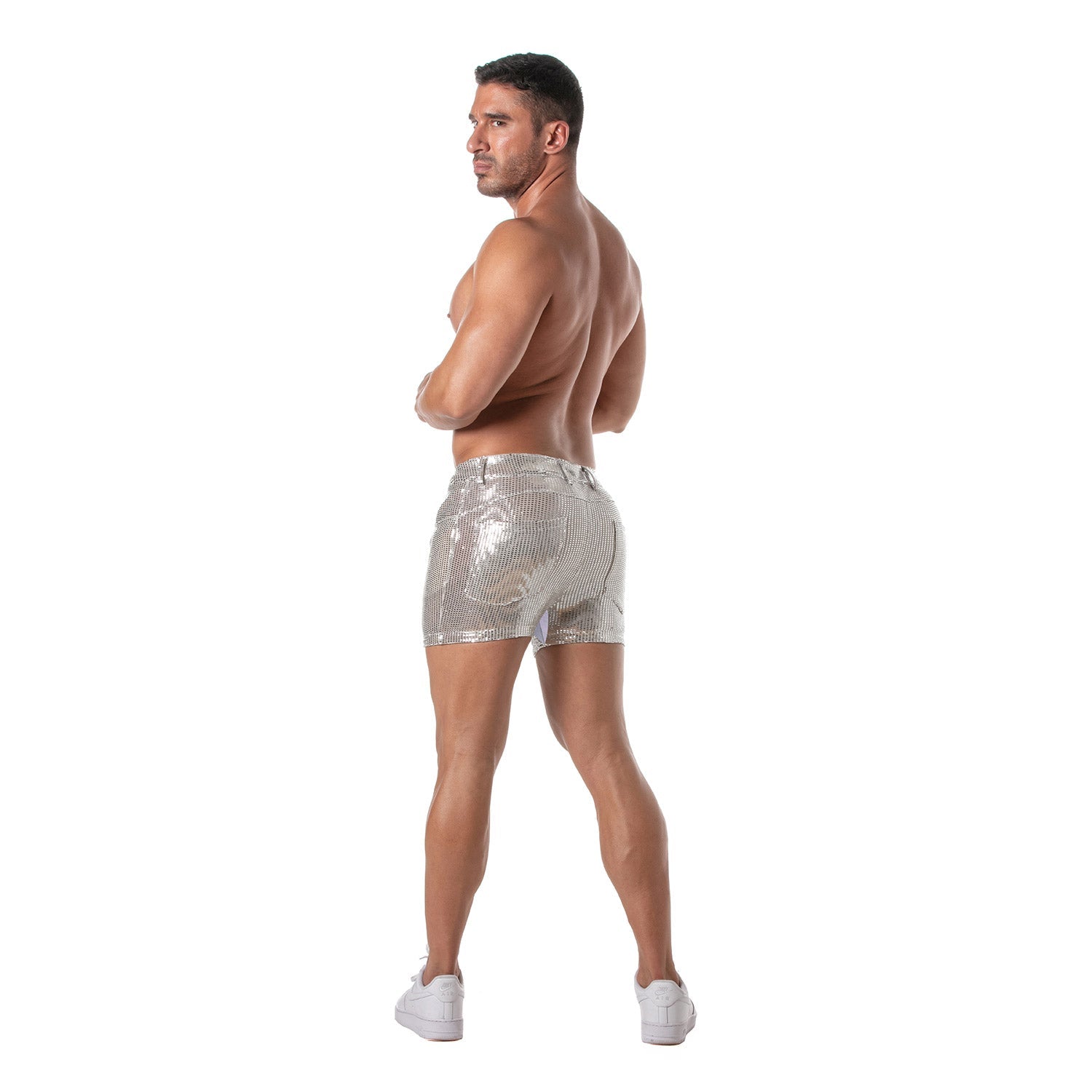 Provokante Glitzer - Shorts mit 5 Taschen – oberschenkellang, Silber - TOF Paris - Shop Deutschland Noodosz