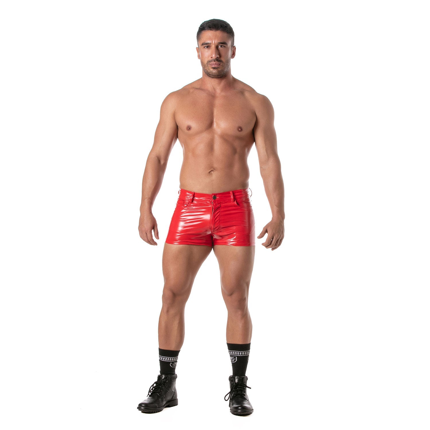 Rote Vinyl - Shorts mit 5 Taschen, oberschenkelhoch – provokante Clubwear und Fetish Wear, Designer Underwear. Pariser Handwerkskunst, die die maskuline Silhouette betont. - TOF Paris - Shop Deutschland Noodosz