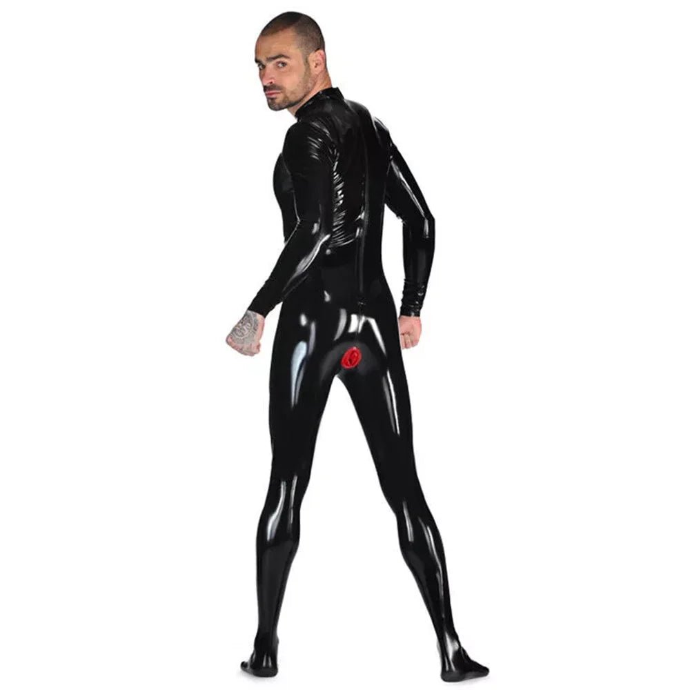 Schwarzer Herren Latex Catsuit mit Rückenreißverschluss & integrierten Fußteilen - noodosz - FlowNight - 
