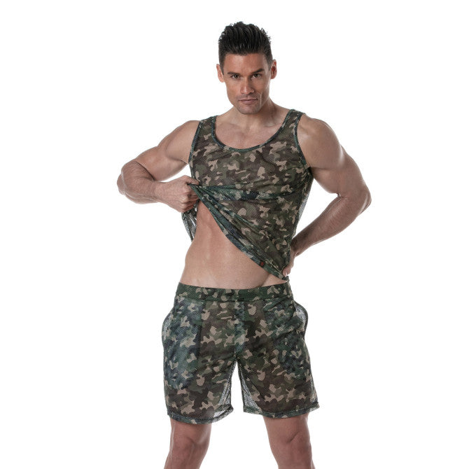 See Through Mesh Tank Top Khaki Camo